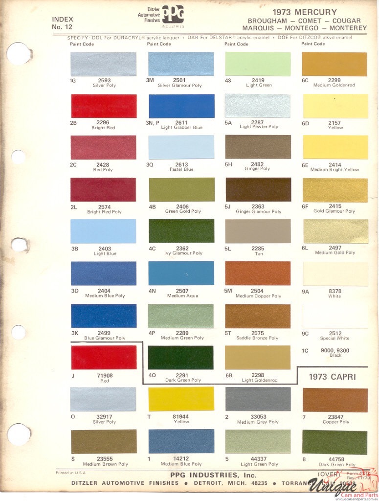 1973 Mercury Paint Charts Ford Paint Charts Capri PPG 1